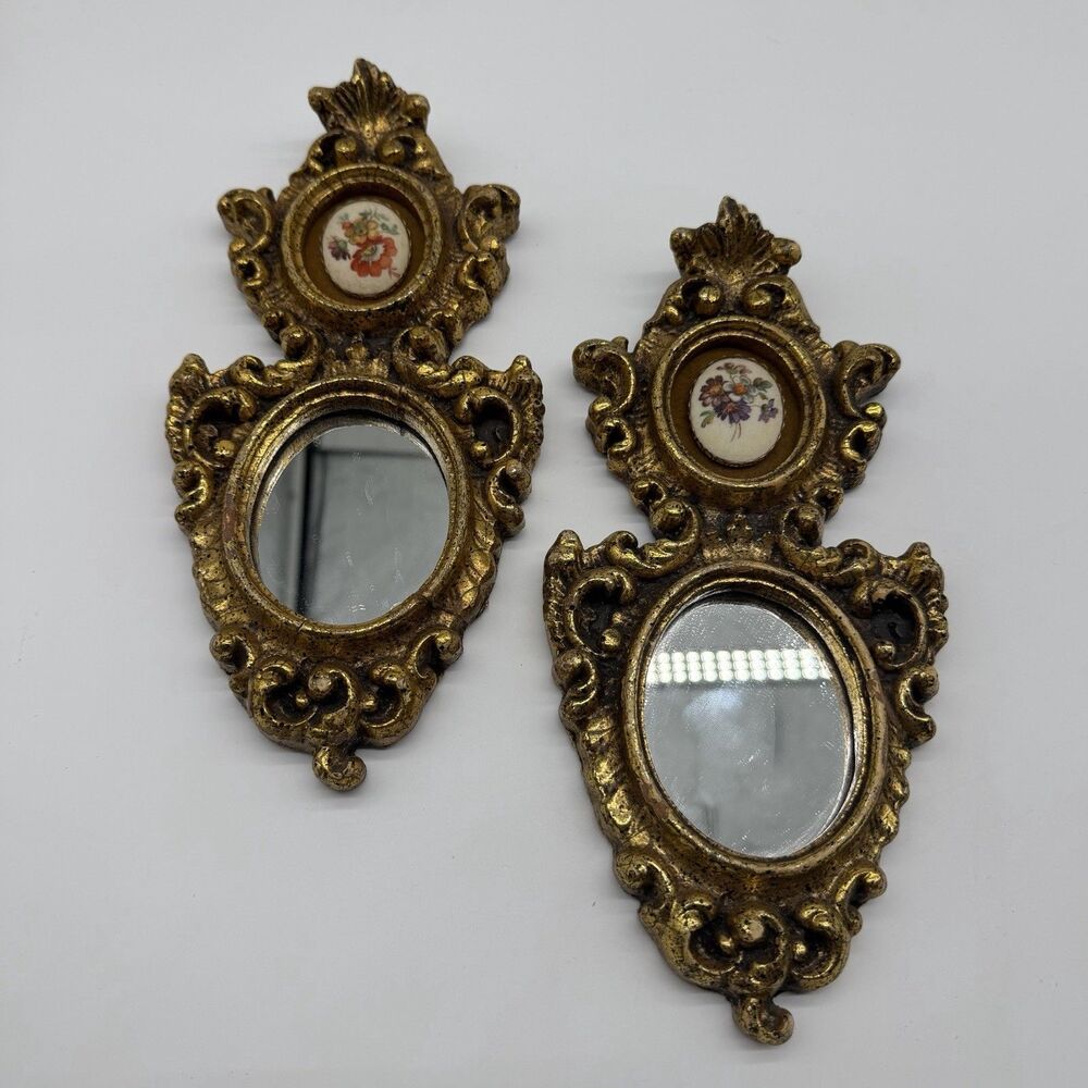Vintage 1950s E.A. Riba wall plaque gold frame floral beaded cameo mirror SET